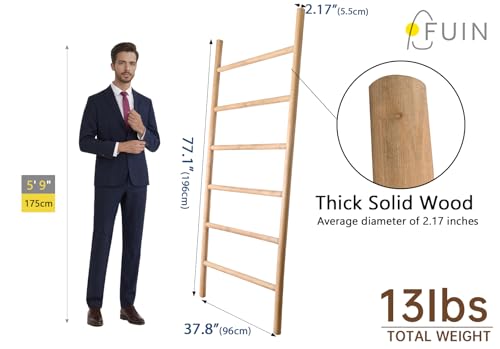 FUIN Rustic Wooden Blanket Ladder - 38in Wide, 6.4ft Tall, Knock Down Design