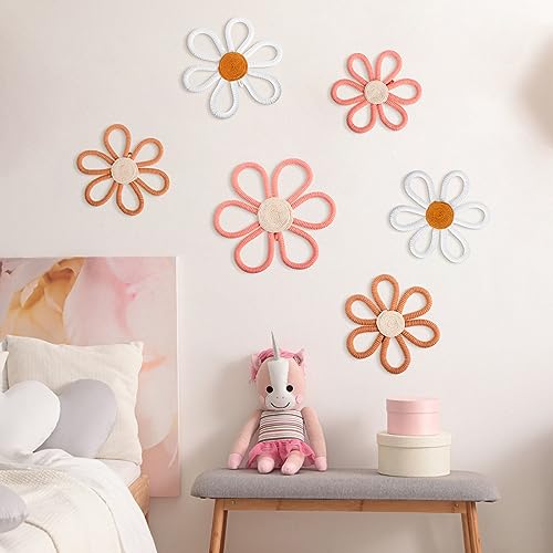 6-Piece Boho Daisy Flower Wall Decor, Woven Macrame Nursery Wall Art