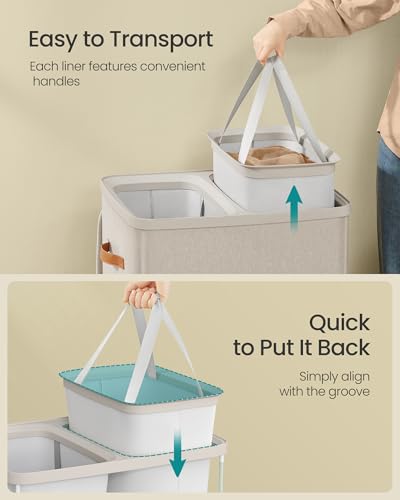 SONGMICS 44.9 Gal. 2-Compartment Laundry Hamper with Lid and Removable Liners, Cappuccino Beige