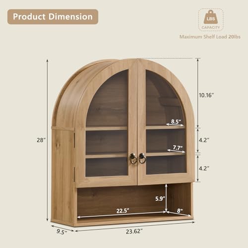 24-Inch Arched Bathroom Wall Cabinet with Adjustable Shelves, Natural Oak