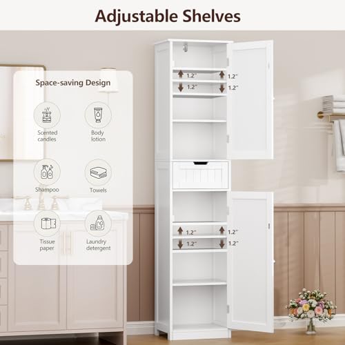 67" Tall Bathroom Storage Cabinet with 2 Doors, Drawer & Adjustable Shelves