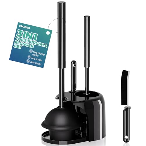 3-in-1 Toilet Brush and Plunger Set with Holder & Crevice Brush - Black