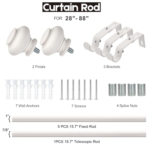 Adjustable White Curtain Rod Set 28 to 88 Inches, Heavy Duty Window Drapery