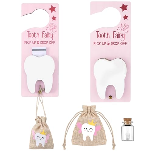 Wooden Tooth Fairy Door Hanger Set with Drawstring Pouch & Glass Jar