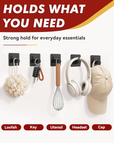 Heavy Duty Adhesive Hooks - 22lb Capacity Stainless Steel Wall Hooks, 5 Pack