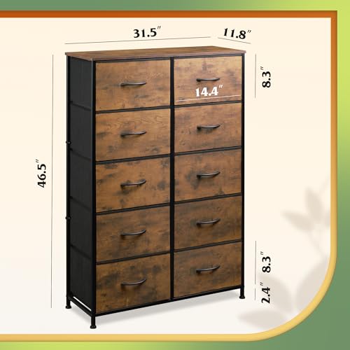10-Drawer Tall Storage Dresser, Rustic Wood Top Fabric Chest for Bedroom