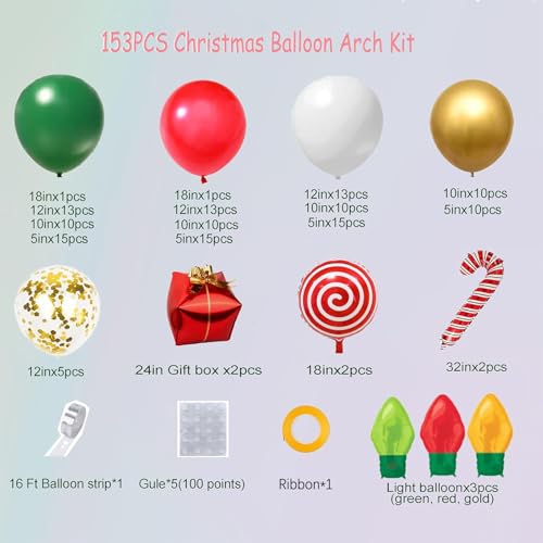 Christmas Balloon Arch Kit 153PCS Red Green White Gold Holiday Decorations