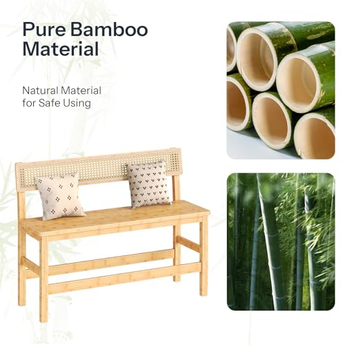 Bamboo Dining Bench with Rattan-Style Backrest, Farmhouse Entryway Seating