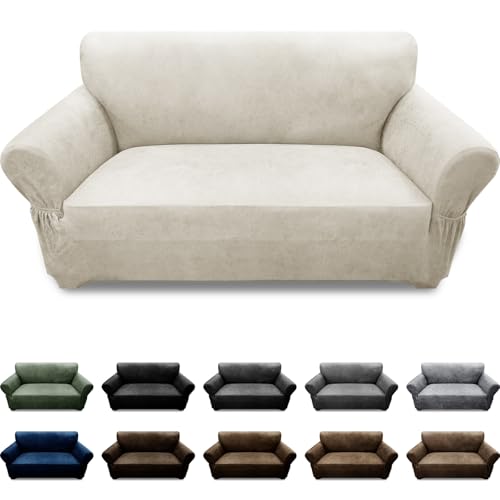Leather Look Loveseat Sofa Slipcover - Stretch Furniture Protector, Beige