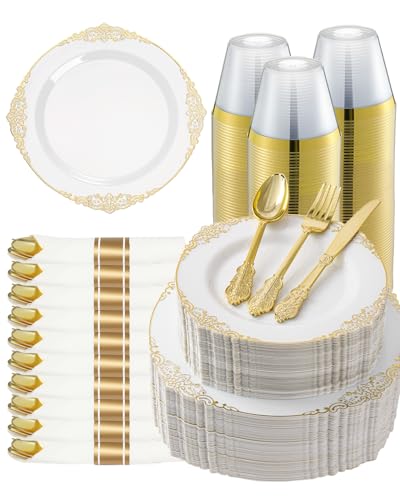 Goodluck 350-Piece Gold Trim Plastic Dinnerware Set for 50 Guests – Plates, Cutlery, Napkins, Cups