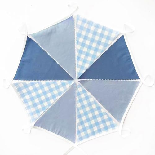 32ft Dusty Blue Gingham Fabric Pennant Banner - Reusable Triangle Flag Garland