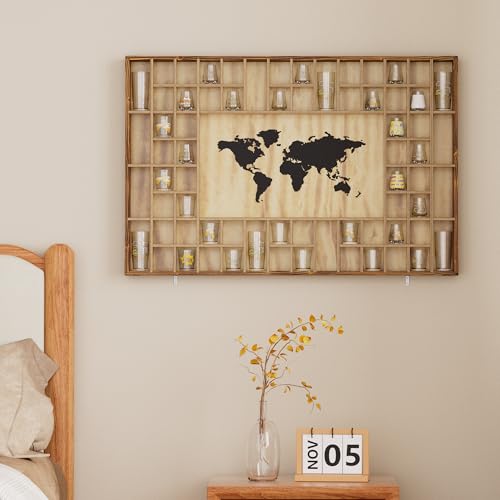 Rustic World Map Shot Glass Display Case - 68-Capacity Wood Wall Shelf