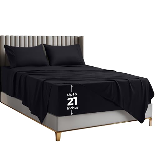 Utopia Bedding Deep Pocket Queen Sheet Set ? Fits Mattresses Up to 21 inches ? Cooling, Soft & Breathable ? Oeko-TEX 4 Piece Bed Sheets (Black)