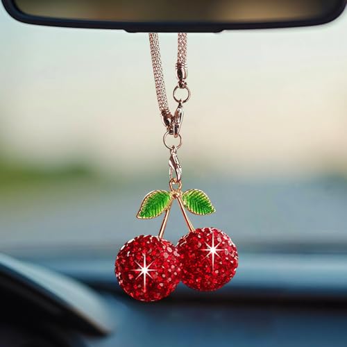 Crystal Cherry Car Hanging Ornament - Sparkly Rhinestone Mirror Pendant