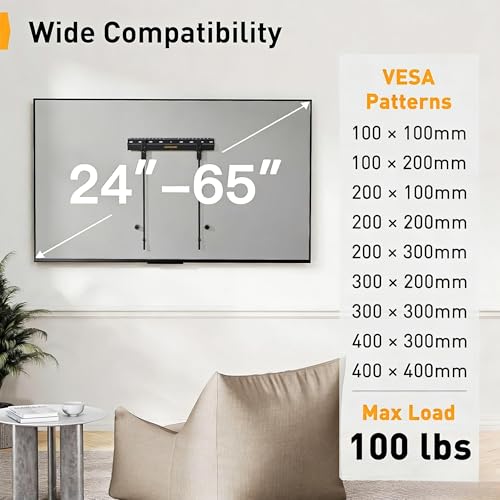 No Drill TV Wall Mount for 24-65 Inch TVs, Low Profile Drywall Bracket