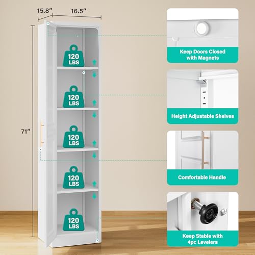 71-Inch Tall Narrow Storage Cabinet, Slim Metal Pantry with 5 Adjustable Shelves