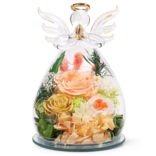 Preserved Rose Glass Angel Figurine with LED Lights - Eternal Flower Gift