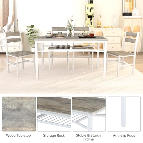 5-Piece Rustic Farmhouse Dining Table Set with 4 Chairs and Storage Shelf