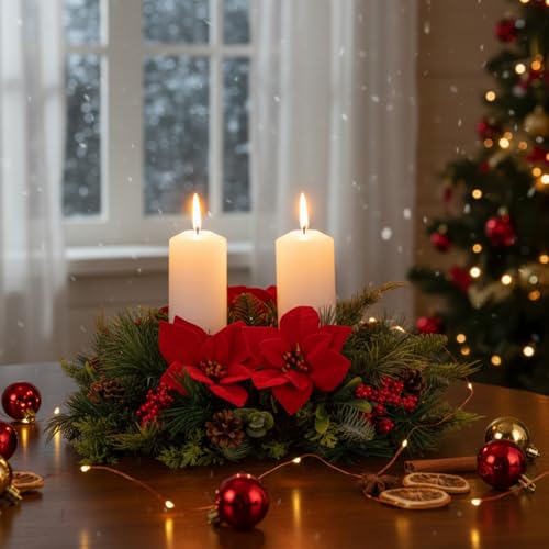 Kathfly 20" Poinsettia Centerpiece with 2 Candle Holders - Thick Red Poinsettia, Pine Cones & Berries (Variation: Thick / Poinsettia)