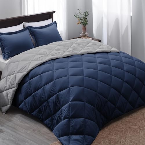Navy Blue Reversible Queen Comforter Set with Pillow Shams