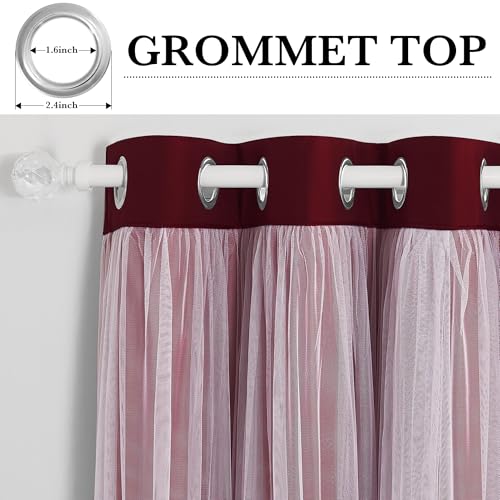 PONY DANCE Red & Blackout Curtains with White Sheer Overlay, 52"W x 84"L, Pack of 2 - Girls Bedroom Decor