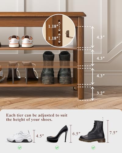 3-Tier Rubberwood Shoe Storage Bench with Flip-Top Hidden Compartment
