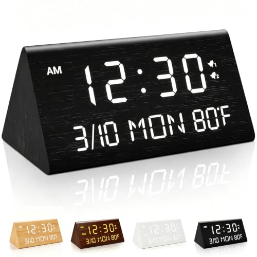 Wooden Digital Alarm Clock with Dual USB Charging Ports and Dimmable LED