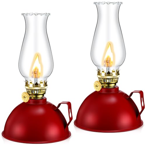 Vintage Kerosene Oil Lamps - 8 Inch Rustic Glass Lantern Set of 2 (Red)