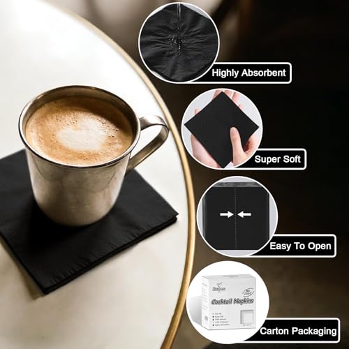 Kouorao Black Disposable Cocktail Napkins 800 Pack - 2-Ply 4.5 x 4.5 Inch For Parties & Events