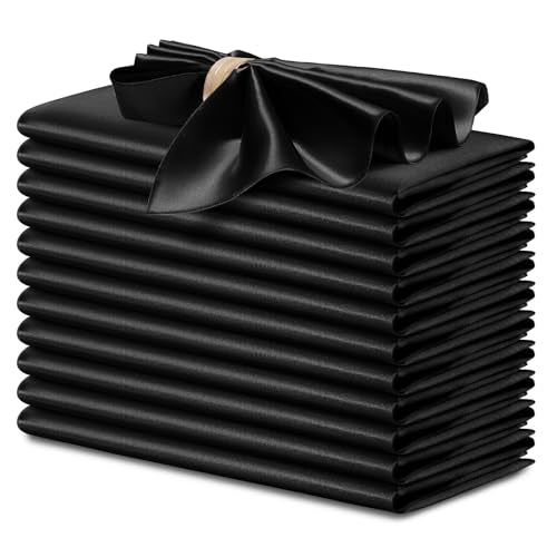 12-Piece Black Satin Cloth Napkins, 17 x 17 Inch Square Dinner Napkins