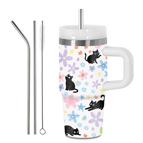Hiboss Cat Tumbler with Handle & Straw 14oz Insulated Travel Cup for Kids & Girls - Cat Themed Gift