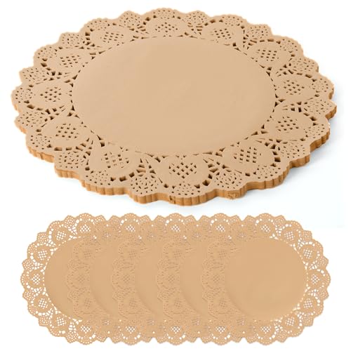13.5 Inch Round Kraft Paper Doilies - 100 Pack Rustic Lace Placemats