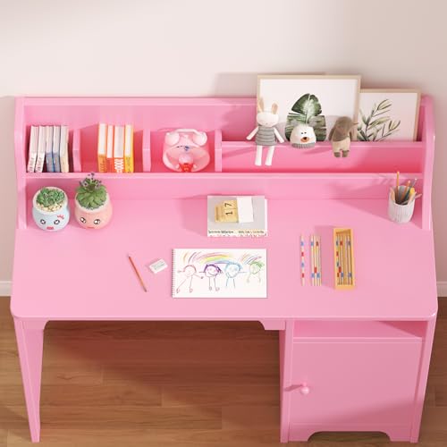 Kids Wooden Desk and Chair Set with Hutch Storage for Study Room