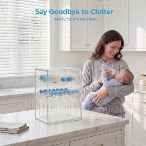 Clear Acrylic Baby Bottle Storage Organizer with Magnetic Door and 3 Tiers