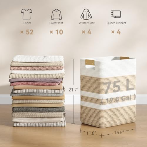 Nunsino 75L Cotton Rope Laundry Basket with Leather Handles – Large Storage Hamper