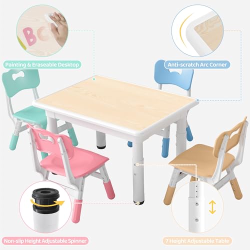 Adjustable Kids Table and 4 Chairs Set - Ergonomic Toddler Activity Furniture