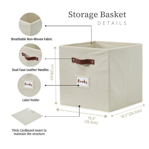 Fabric Storage Cubes 10.5 Inch with Labels Beige 6 Pack