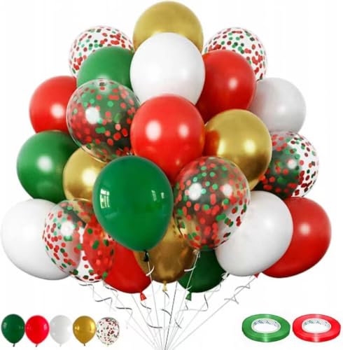 Christmas Balloons Set - Green, Red, White, Gold Latex & Confetti Balloons, Red & Green Ribbons - Xmas Decoration (Variation 2)