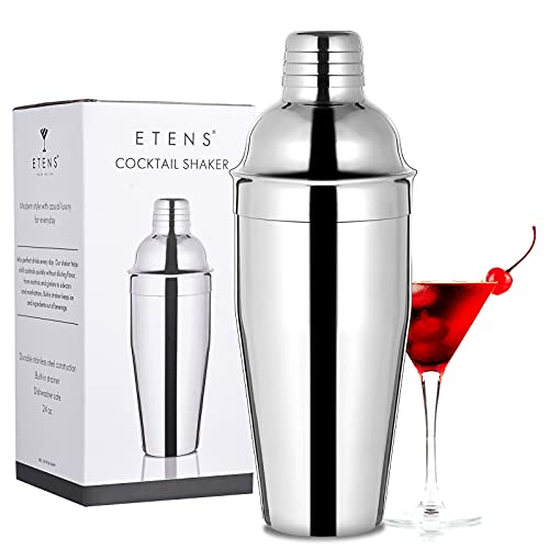 Etens 24oz Silver Cocktail Shaker with Built-In Strainer – Stainless Steel Bartender Mixer