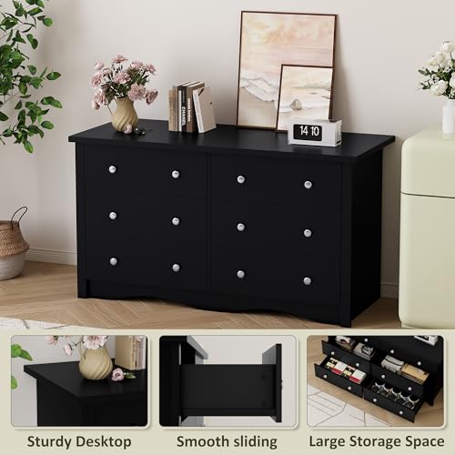 6-Drawer Wood Bedroom Dresser, 47.2-Inch Wide Storage Organizer Chest