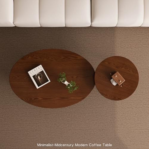 2-Piece Nesting Coffee Table Set, Mid-Century Modern Walnut Oval Tables