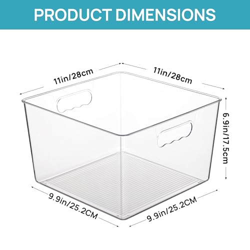 Clear Plastic Storage Bins with Handles 4-Pack Extra Large 11x11 Cube Organizer for Pantry and Closet