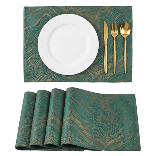 Green Pine Jacquard Placemats Set of 4 – Reversible 12x18 in, Gold Ripple Motif