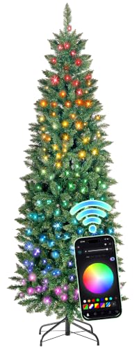 6 ft Prelit Pencil Christmas Tree with RGBW Lights, App Control – Green 6ft 3in
