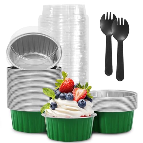 Green Mini Aluminum Foil Cupcake Liners with Lids - 5oz Baking Cups, 50 Pcs