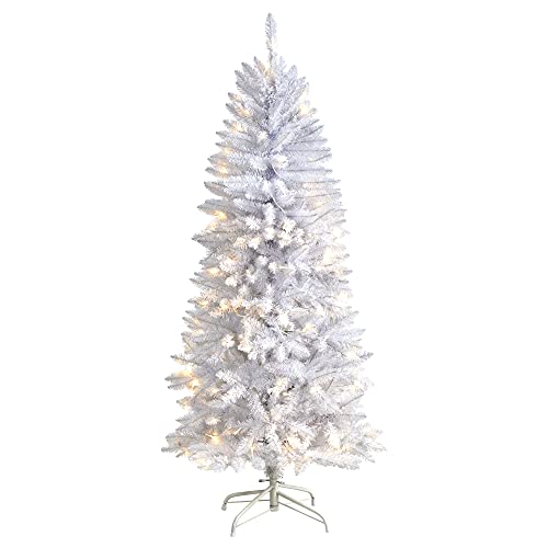 Nearly Natural 5ft Pre-Lit White Artificial Christmas Tree with 150 LEDs, Slim, Realistic Foliage