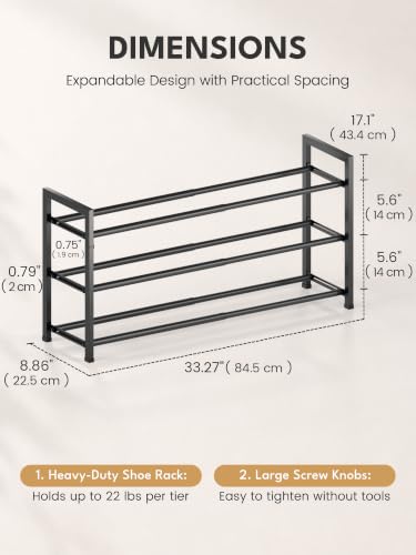 3-Tier Expandable Metal Shoe Rack Organizer, 18"-33" Adjustable (Black)