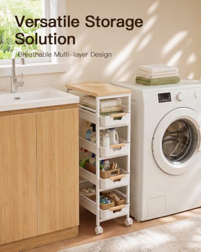 5-Tier Slim Rolling Storage Cart with Wood Top and Pull-Out Baskets