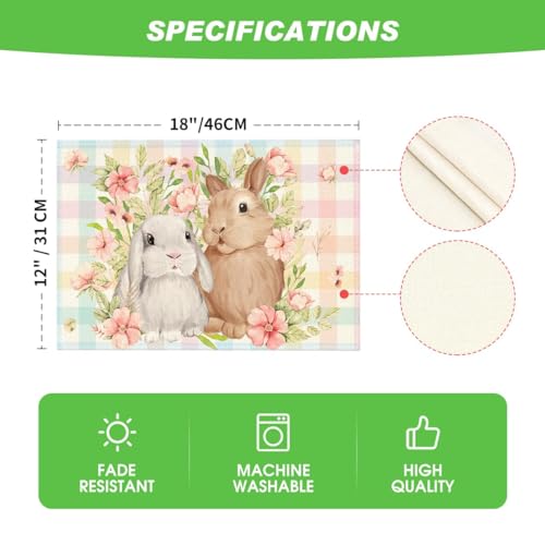 Artoid Mode Bunny Rabbit Flowers Floral Easter Placemat Set 4, 12x18 Inch Spring Table Mats, Pink/Blue