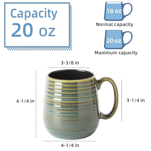 Masoline 20 oz Green Ceramic Mug Pack of 2 - Large Coffee Cups with Unique Reactive Glaze, Elegant Stripes & Easy Grip Handle